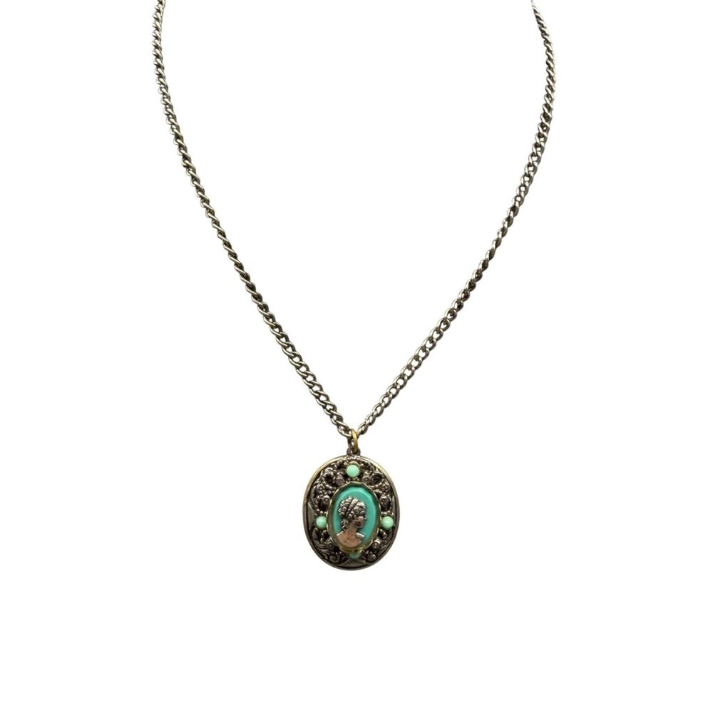 Necklace Cameo Pendant Victorian Art Deco Silver Tone 16 inches